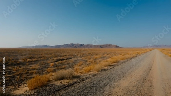 Fototapeta Dusty desert road leads to distant mountains under a clear blue sky