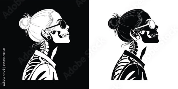 Fototapeta Stylish skeleton wearing sunglasses and a bun, with a modern edgy look, symbolizing life and death