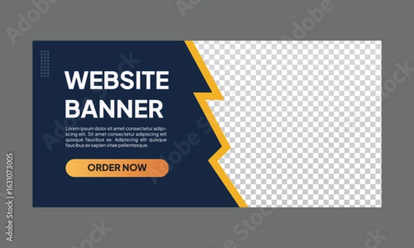 Fototapeta Website banner: dark blue background with "WEBSITE BANNER" text, "ORDER NOW" button, yellow zigzag divider, and a checkered image placeholder; modern, clean design.
