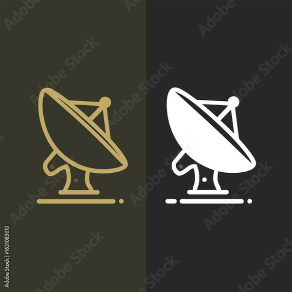 Fototapeta Modern minimalist satellite dish icon set in line art style. Logo concept for technology, communication, and broadcasting. Vector illustration of a radar antenna for data transmission.