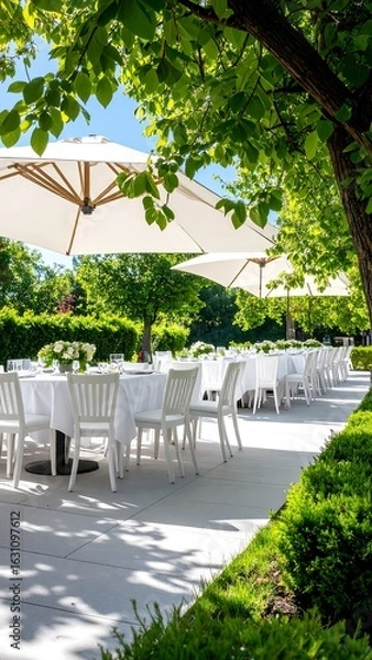 Fototapeta Outdoor patio dining area under trees
