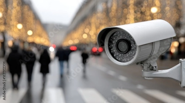Fototapeta Surveillance Camera Overlooking Busy Urban Street with Blurred Pedestrians
