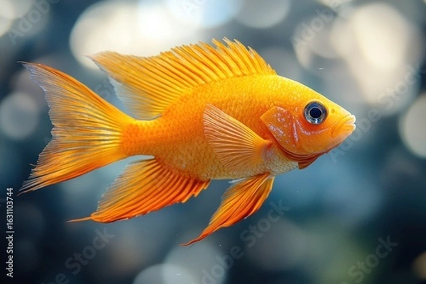 Fototapeta Close-up of an orange fish in profile view, fins and body details are visible,  blurred background