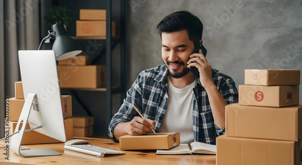 Fototapeta A smiling small business owner talks on the phone while writing on a cardboard box, preparing a package for shipment from his home office.