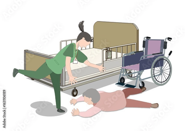 Fototapeta 老人が介護用ベットの前で車椅子から転倒してしまった事故のイラスト
