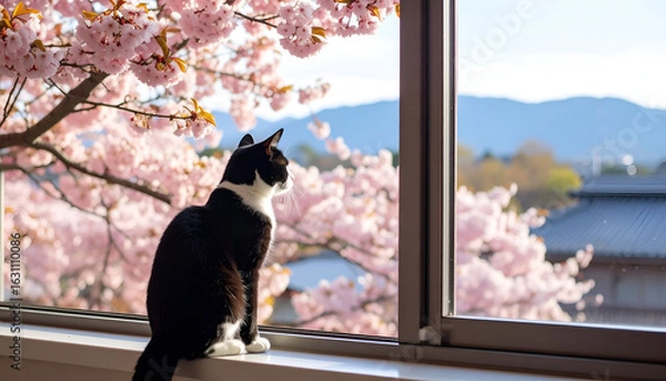 Obraz Cat Views Spring Cherry Blossoms.
