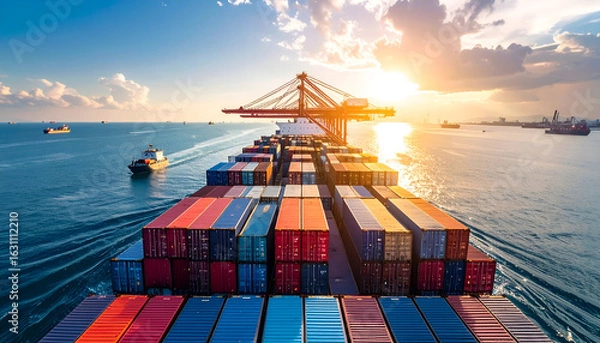 Obraz Container ship sunset ocean port.