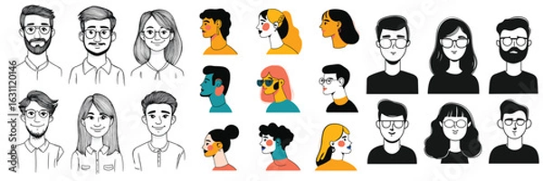 Fototapeta variety of avatar portraits in line art and flat color for profile design