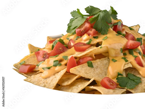 Fototapeta Delicious pile of loaded nachos with cheese tomatoes and cilantro