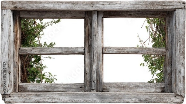 Fototapeta Rustic Wooden Window Frame with Overgrown Vines