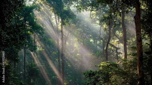 Fototapeta Sunbeams Filtering Through Lush Forest Canopy