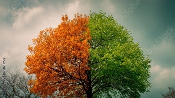 Fototapeta The duality of seasons: A breathtaking autumnal and vernal tree against a cloudy sky