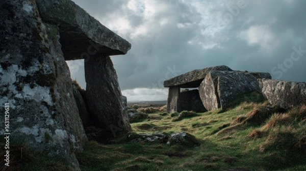 Fototapeta Ancient Megalithic Tombs under a Cloudy Sky