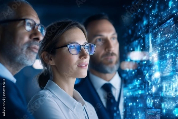 Fototapeta Three professionals intently analyzing futuristic digital data on a transparent screen in a high-tech environment.