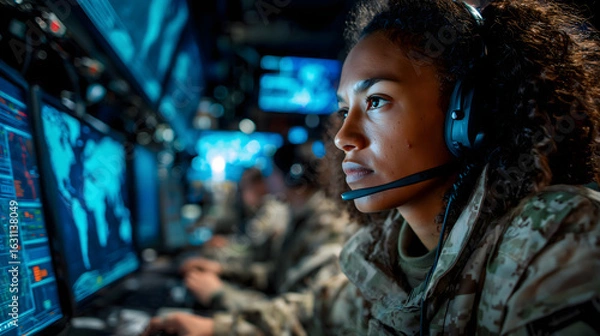 Fototapeta Focused female soldier in military uniform operating advanced surveillance systems in a control room, symbolizing cybersecurity, defense technology, women in military, and modern warfare intelligence
