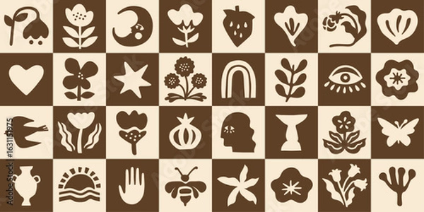 Fototapeta Minimalist Hand Drawn Abstract Shapes in Vintage Flat Style – Boho Decorative Elements Collection with Botanical, Celestial, and Nature Cut-Out Shapes