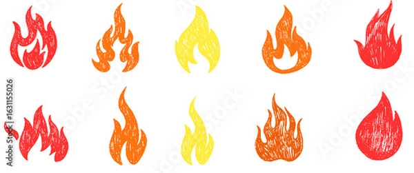 Fototapeta Fire flame icon. Crayon vector logo. Hot fire on white background. Flame simple illustration. Graphic heat symbol. Abstract silhouette, hell element clipart. Red stroke shape. Scribble punk pastel art
