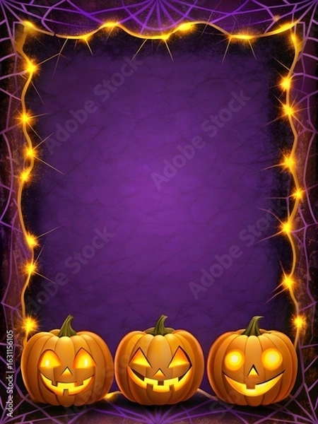 Fototapeta Photo of three carved halloween pumpkins with glowing faces form the bottom border of a purple background framed by spiderwebs and warm yellow lights