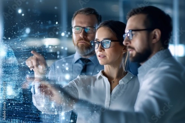 Fototapeta Three professionals wearing glasses analyze a futuristic digital interface with holographic data in a high-tech office environment.