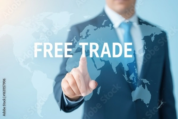 Fototapeta Tariff. A businessman interacts with a digital map highlighting free trade concepts.