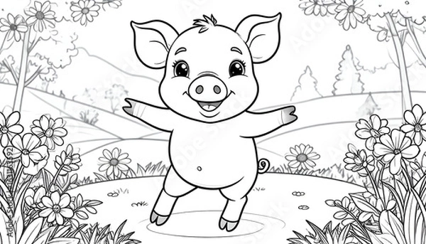 Fototapeta Happy Piglet in Spring Meadow.