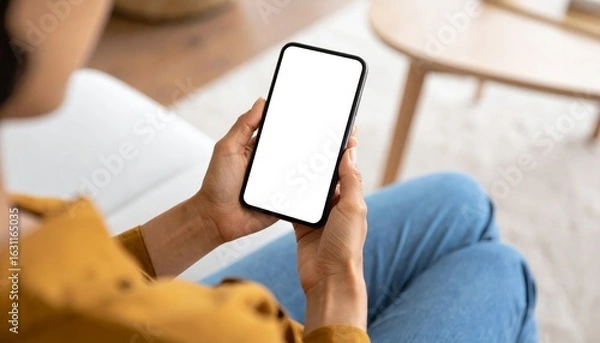 Fototapeta Young woman holding smartphone with blank screen in hand while using mobile device outdoors