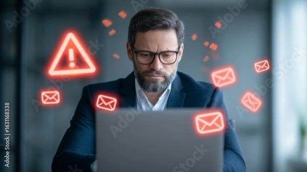 Fototapeta A man in glasses looks worried while working on a laptop, surrounded by glowing email alert icons symbolizing urgent or overwhelming messages.