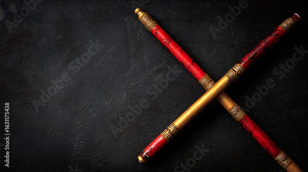 Obraz Traditional colorful dandiya sticks crossed on black background, symbolizing Navratri celebration, Indian folk dance, festive garba, and vibrant cultural heritage of Gujarat and Rajasthan

