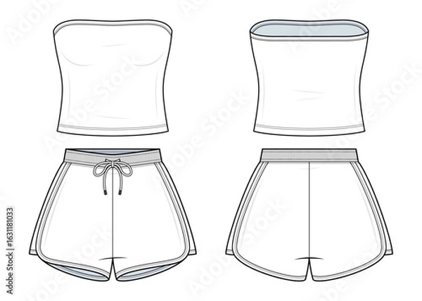 Obraz Tube Top and Shorts Co-Ord Set Technical Fashion Illustration. Strapless Bandeau Crop Top with Drawstring Shorts vector template. Front and Back View. Minimalist Women’s Summer Outfit. CAD Mockup set.