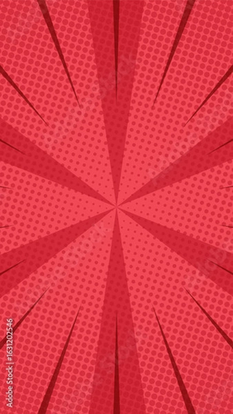 Fototapeta Red comic vertical background with halftone and sun rays. Suitable for comics, prints, posters, etc.