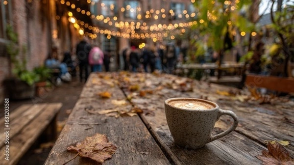 Obraz A rustic outdoor café surrounded by fallen autumn leaves, with a pumpkin spice latte on a wooden table, people in scarves chatting in warm light, creating a festive and comforting seasonal mood

