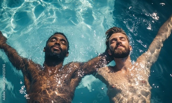 Fototapeta Two gay men, one Black and one Caucasian, floating and swimming together on vacation. This image represents a queer interracial couple enjoying a wellness retreat in a relaxed, Generative AI