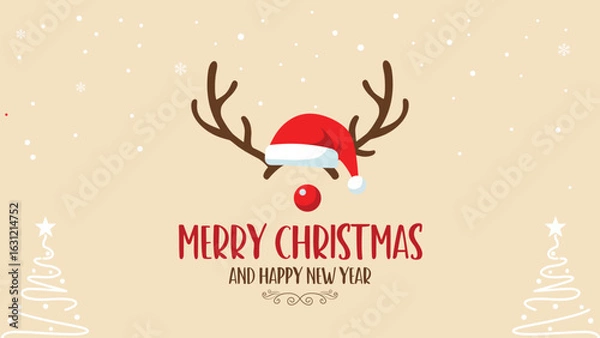 Fototapeta Merry Christmas and Happy New Year reindeer antlers santa hat snowflakes