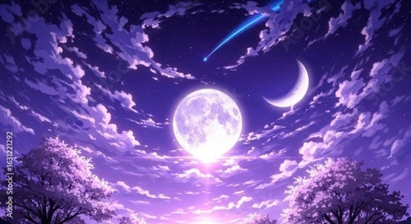Fototapeta Full Moon and Crescent Shining in Violet Night Sky