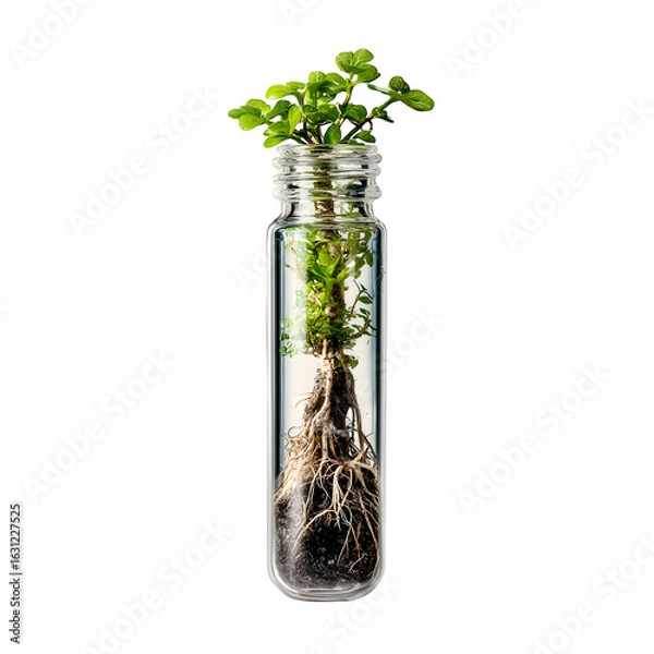 Obraz Plant Growing in Glass Test Tube: Nature in a Bottle with Visible Roots