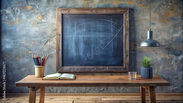 Fototapeta Rustic Wooden Desk with Chalkboard, Pencils, Book, and Pendant Light in a Room with a Textured Wall