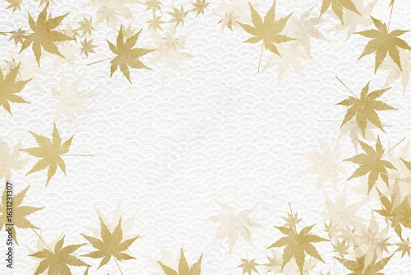 Obraz 青海波の白い和紙に上品な質感のある金色のカエデによるアクセントの背景。