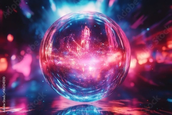 Fototapeta Colorful, bright disco ball spinning at a rave party, illustrating the energy and vibrant atmosphere of a nightlife or dance event, Generative AI