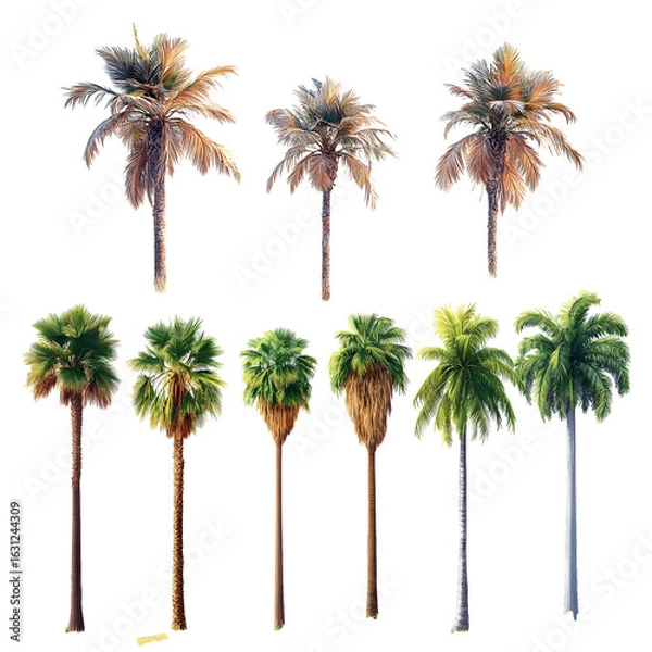 Fototapeta Set of tropical palm trees in a vector illustration on white background