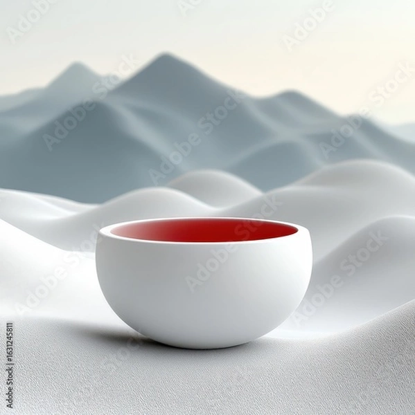 Fototapeta Serene white bowl with red interior rests on soft white waves of sand at dawn