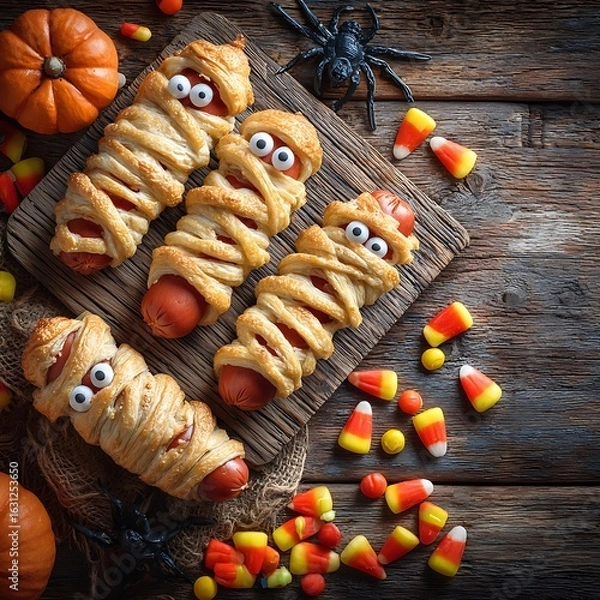 Fototapeta Fun halloween snack scene, puff pastry mummy hot dogs on rustic wooden table, candy scattered around, blank background for overlay text