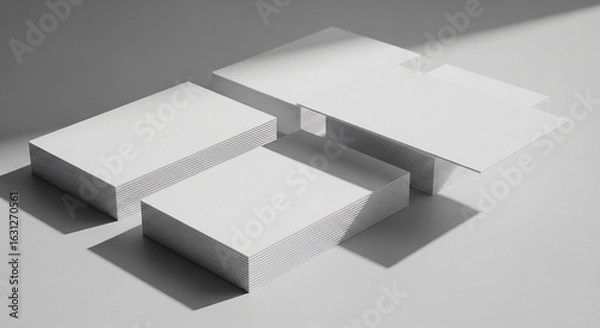 Fototapeta Clean and minimalist stacks of blank white business cards or paper for branding mockups and corporate identity presentations with elegant shadow play.