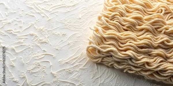 Fototapeta Uncooked wheat noodles resting on a surface dusted with flour