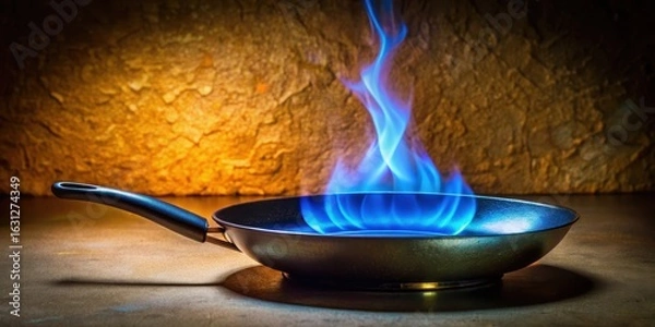 Fototapeta Mysterious Blue Flame Igniting a Dark Frying Pan on a Rough Textured Surface