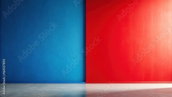 Fototapeta Empty room interior design featuring a vibrant blue and red wall contrast with a polished concrete floor, perfect for showcasing various visual elements.