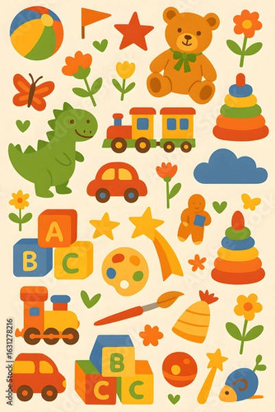 Fototapeta Colorful Kids Toys Vector Set – Educational and Playful Elements