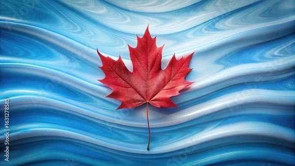Fototapeta A single vibrant red autumn leaf rests gently upon a flowing, cool blue abstract background, creating a striking contrast of color and texture.