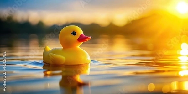 Fototapeta A cheerful yellow rubber duck floats serenely on calm water, bathed in the warm golden glow of a picturesque sunset.