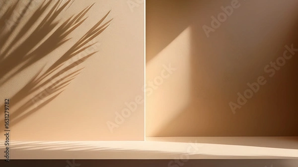 Fototapeta Artistic palm shadow on clean cream-colored wall. Soft natural lighting and minimal tone.