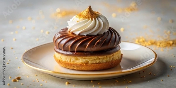 Fototapeta Delicious Two-Layered Chocolate Pastry with Whipped Cream and Golden Garnish on Elegant Plate
